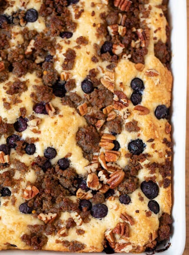 One side of Blueberry Pecan Sausage Casserole in baking dish